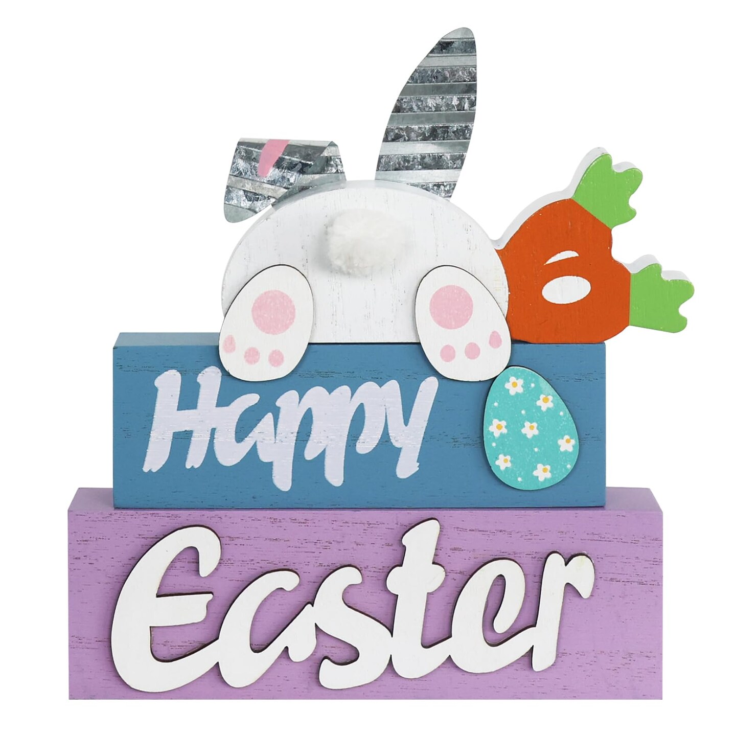 Easter Decorations, 3-Layered Easter Bunny with Carrots Farmhouse Wood Block Easter Decor, Happy Easter Sign Easter Egg Design Easter Decorations Indoor for Home, Living Room, Tables, Mantel