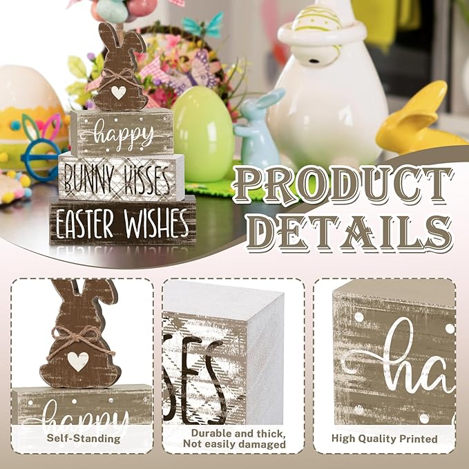 4 Pcs Easter Table Decor Happy Bunny Neutral Easter Egg Tiered Tray Decorations Set Spring Bunny Egg Rustic Farmhouse Wooden Stack Block Signs Party Tabletop Decor for Home Office Gift