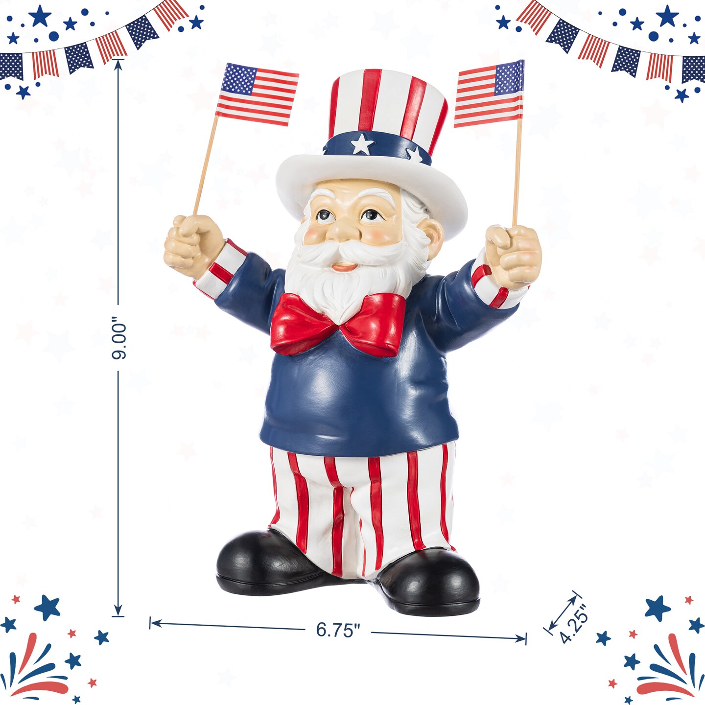 Set of 2 9"H Patriotic/ Americana Polyresin Santa holding flags Table Decor