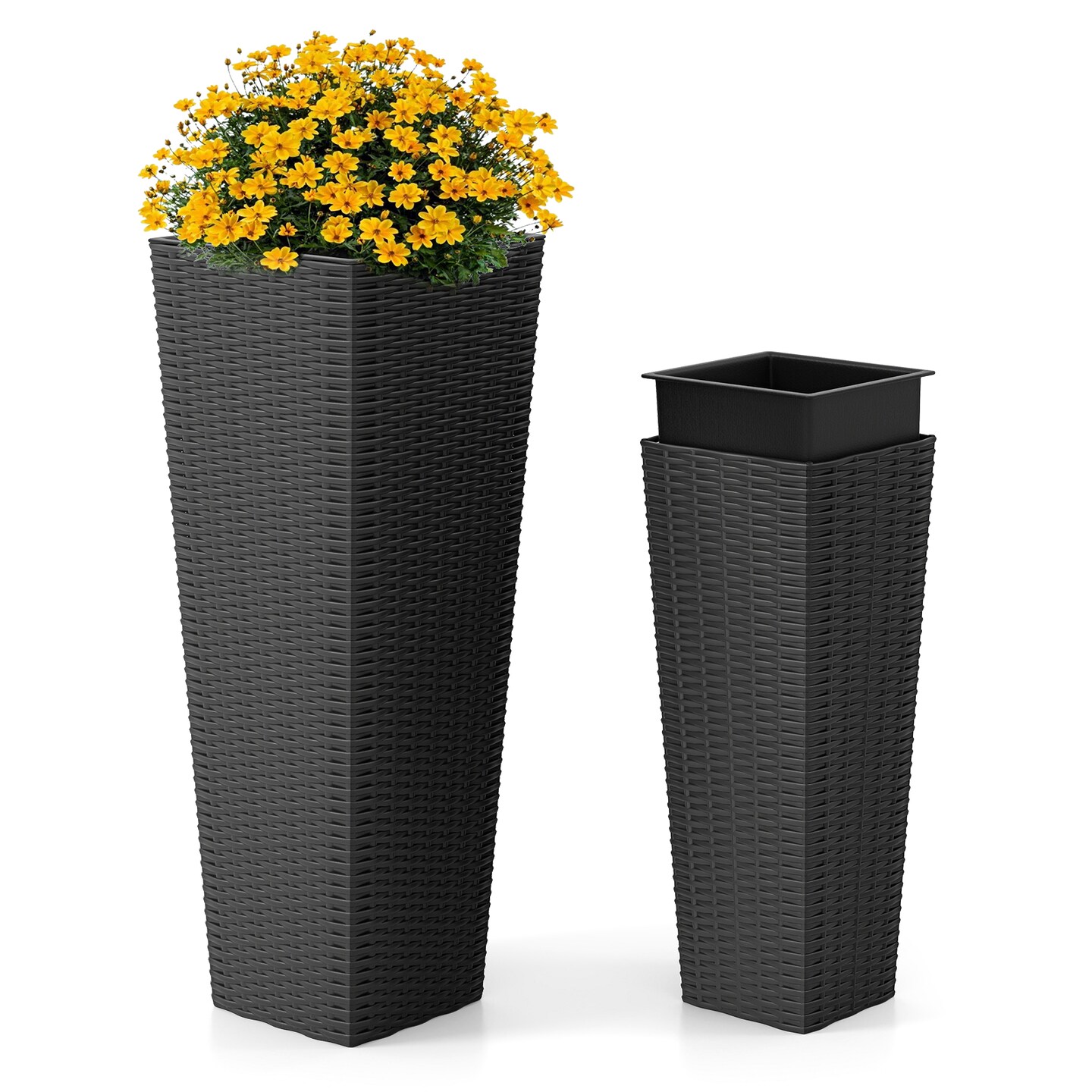 Set of 2 Rattan Tall Outdoor Planters with Removable Inner Trays