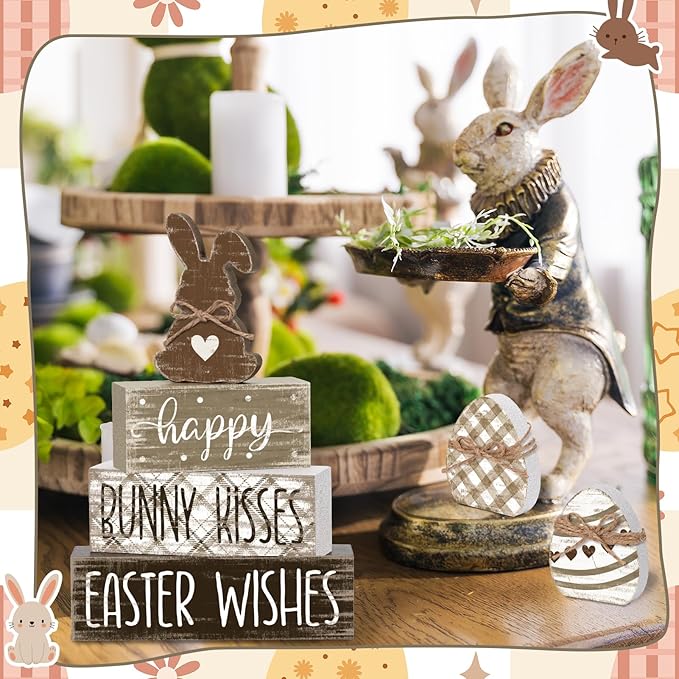 4 Pcs Easter Table Decor Happy Bunny Neutral Easter Egg Tiered Tray Decorations Set Spring Bunny Egg Rustic Farmhouse Wooden Stack Block Signs Party Tabletop Decor for Home Office Gift