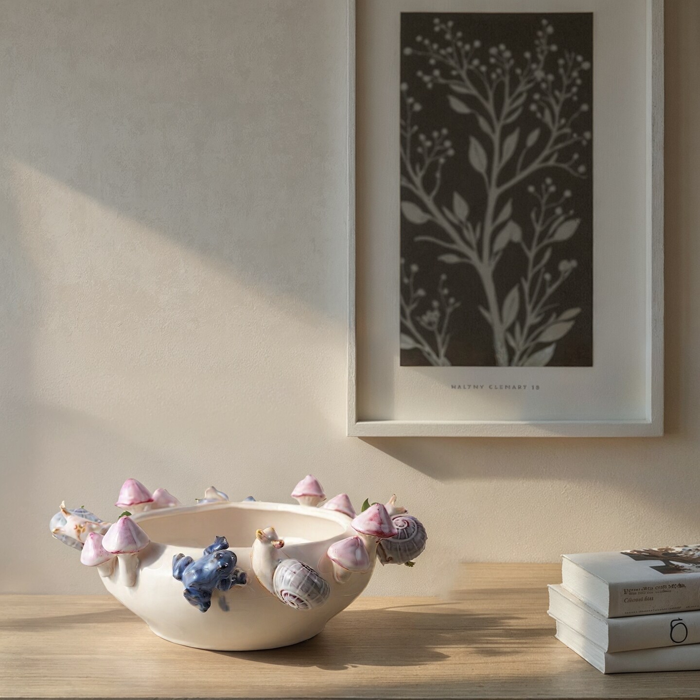 Hello Honey Stoneware Planter with 3D Snails, Mushrooms, and Frogs in Reactive Glaze