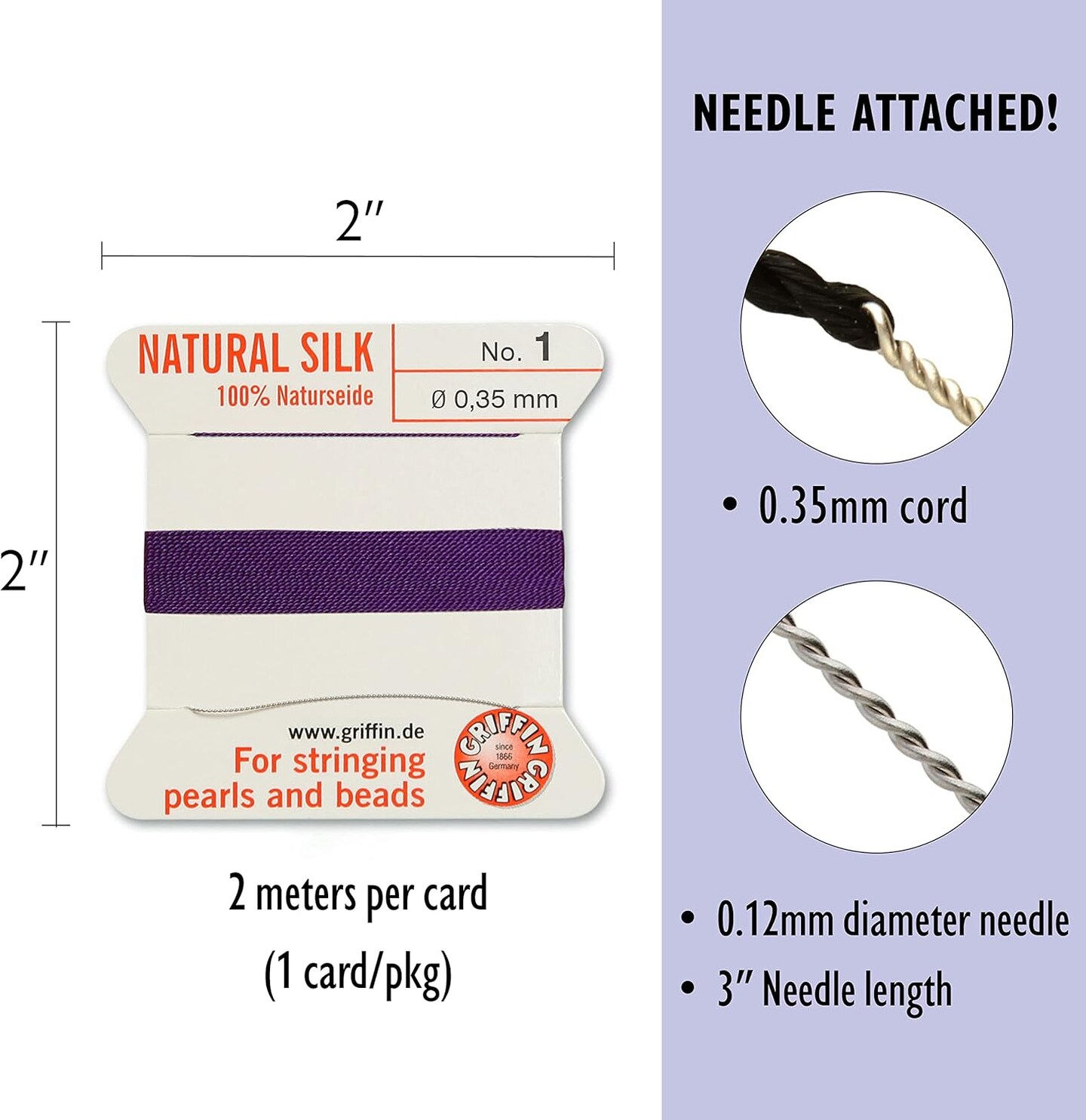 Griffin Silk Bead Cord Perlseide – Size 1 (0.35mm) – 2 Meters per Card – Stainless Steel Needle Attached – for Knotting Pearls, Gemstones, Crystals and Beads