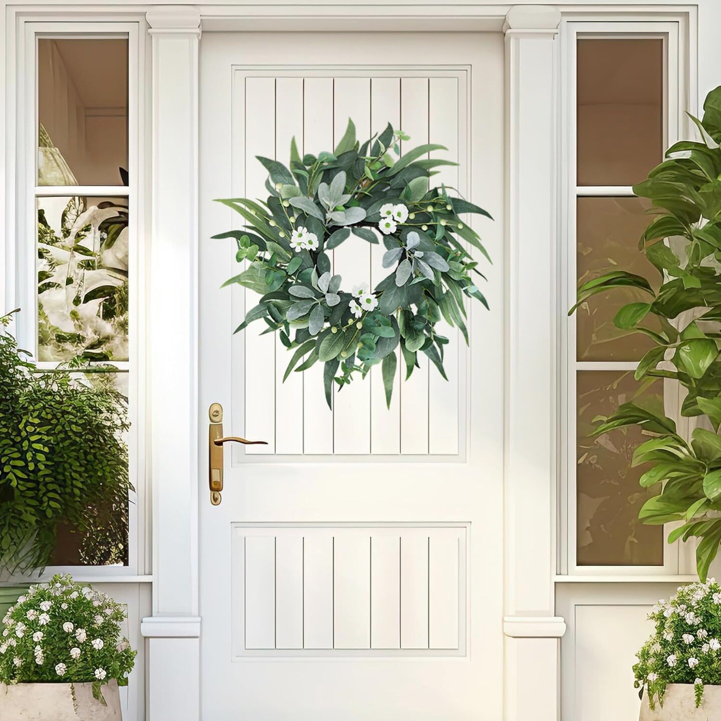 20" Green Eucalyptus Wreath with Lamb’s Ear & White Flowers – Lifelike Farmhouse Front Door, Window, and Porch Decor for Spring, Summer, and Winter