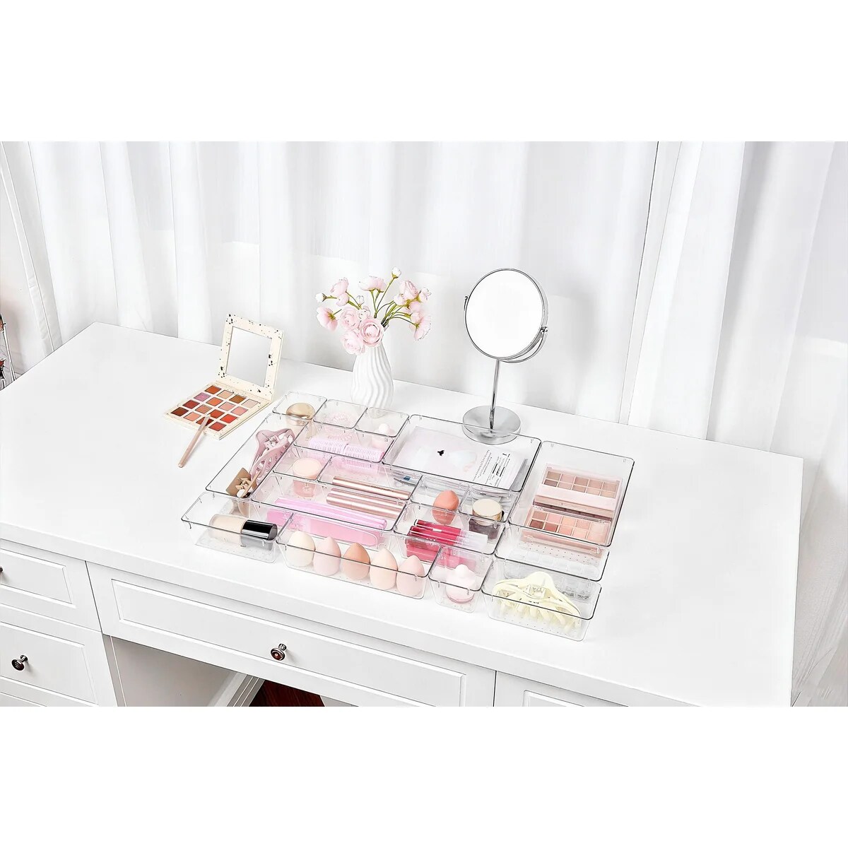 25 PCS Clear Plastic Drawer Organizers Set, 4 Sizes Clear Drawer Organizers & storage Bins for Makeup/Jewelry Vanity, Kitchen Gadgets Or Office Desk. Bathroom Drawer Organizer Trays