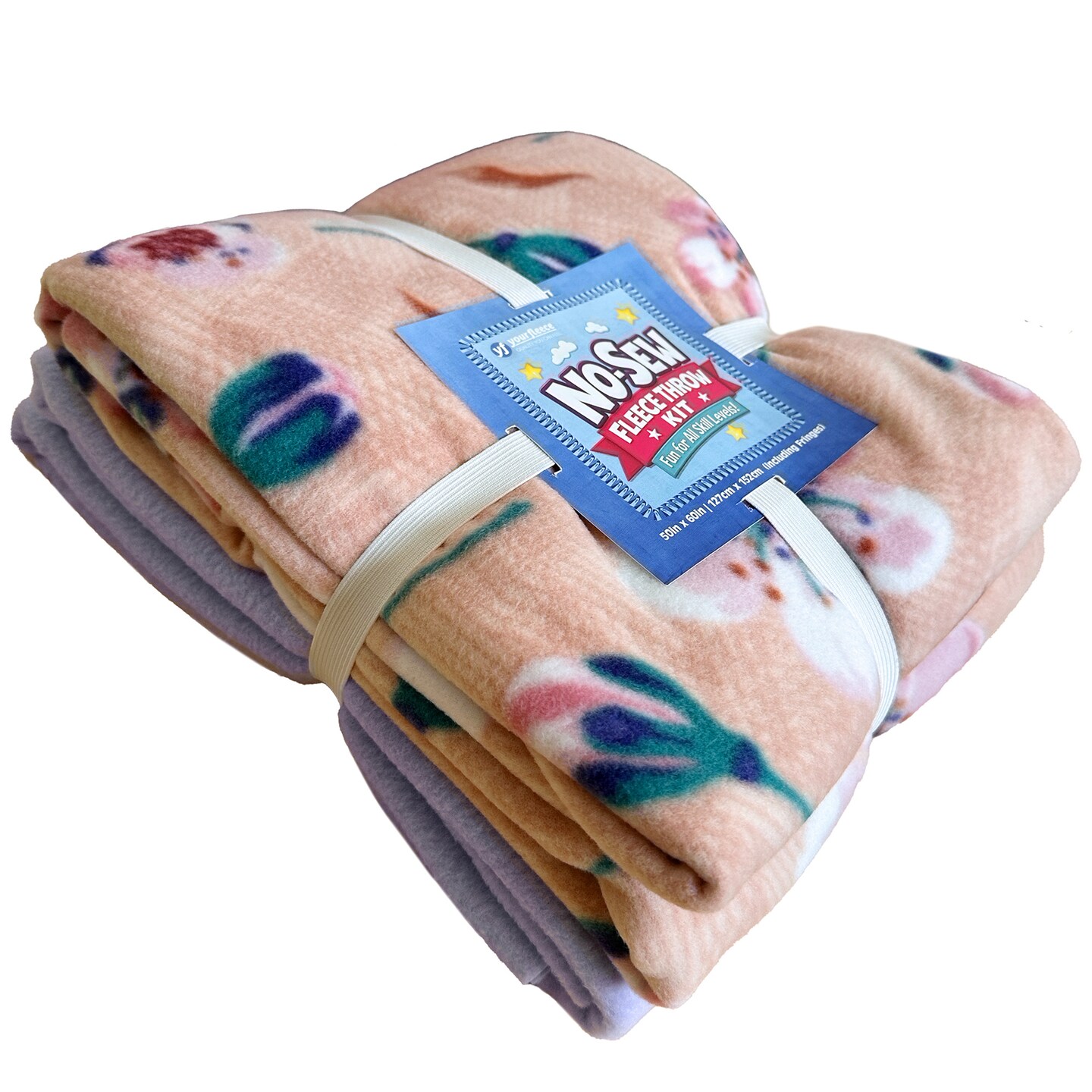 Ditsy Blooms Peach Anti-Pill Premium No Sew Throw Fleece Fabric Kit (Lavender Backing)