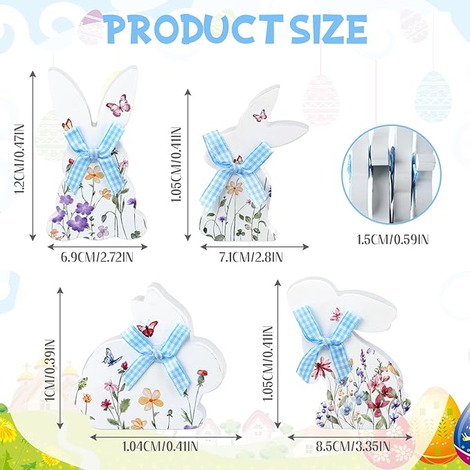 4 Pcs Easter Bunny Decor Wildflower Floral Wooden Table Signs with Blue Bow Rabbit Shaped Tabletop Centerpieces Tiered Tray Decor for Spring Easter Home Office Indoor Decoration