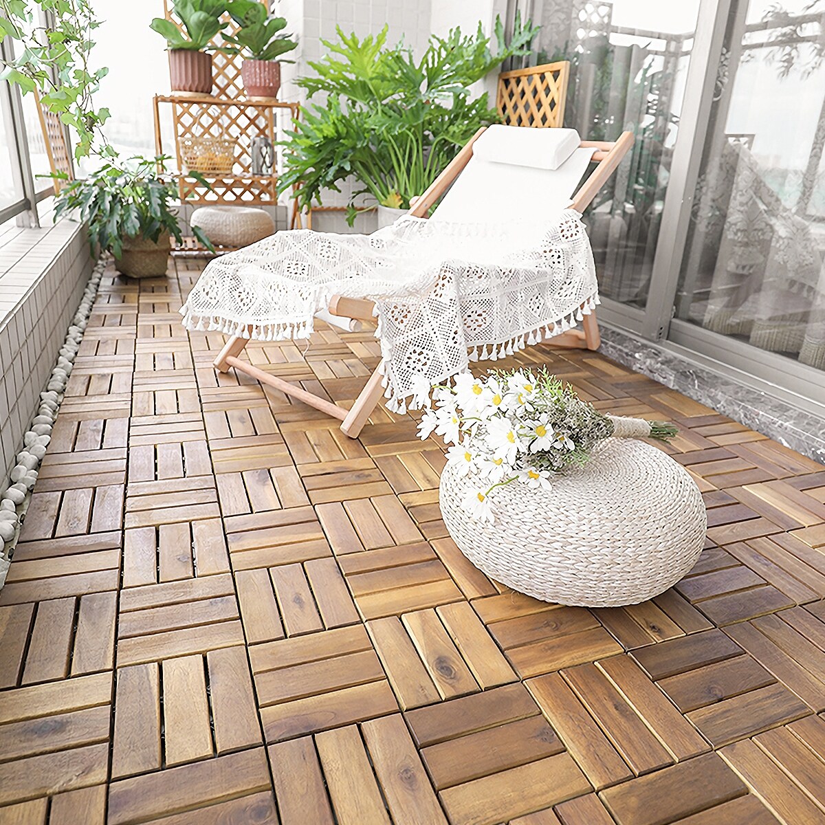 10 Pieces Brown Acacia Wood Interlocking Floor Tiles with PVC Base 12"