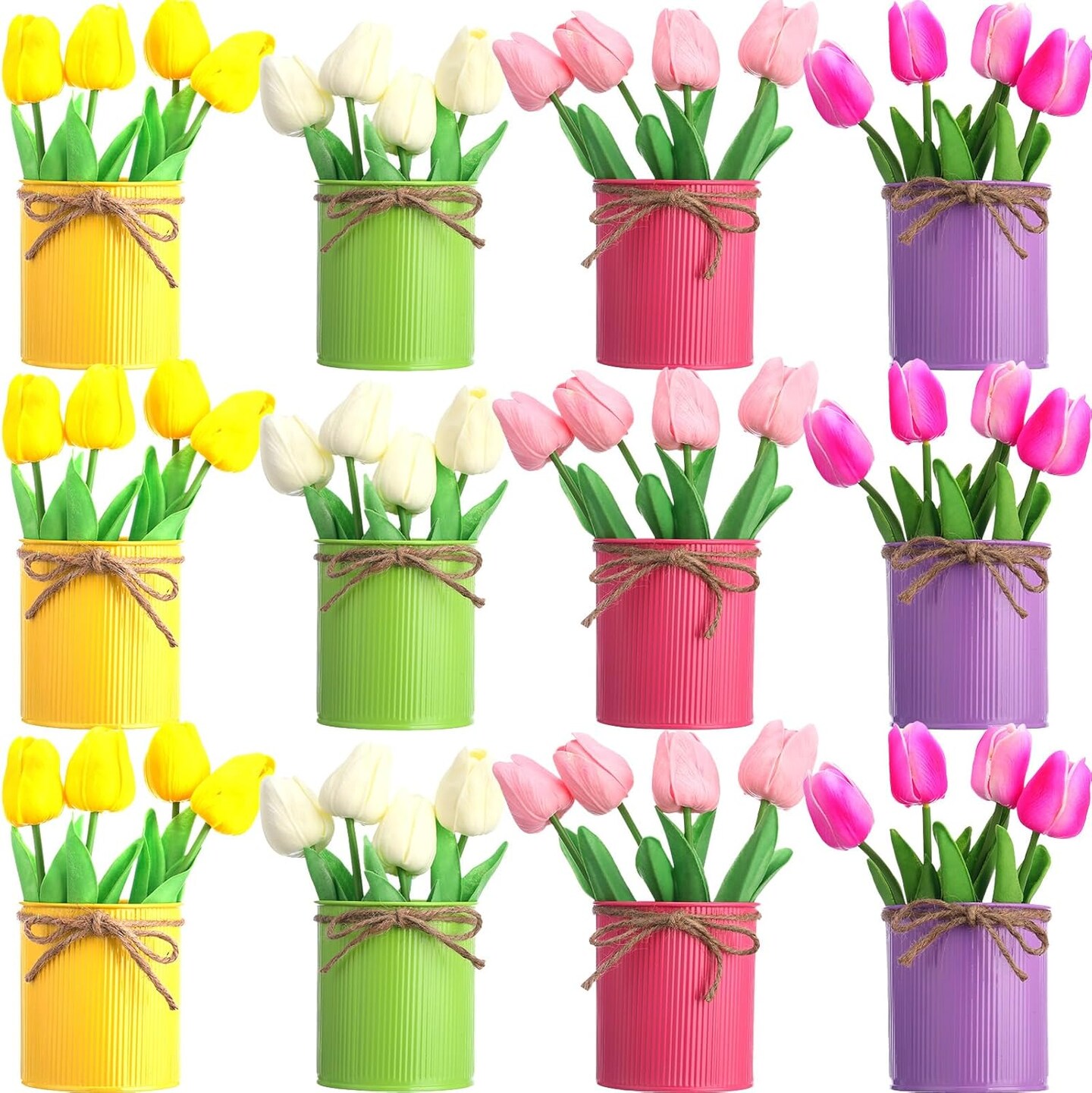12-Pack Artificial Tulips in Metal Pots – Multicolor Faux Flowers for Spring, Easter, Wedding, Home & Office Decor