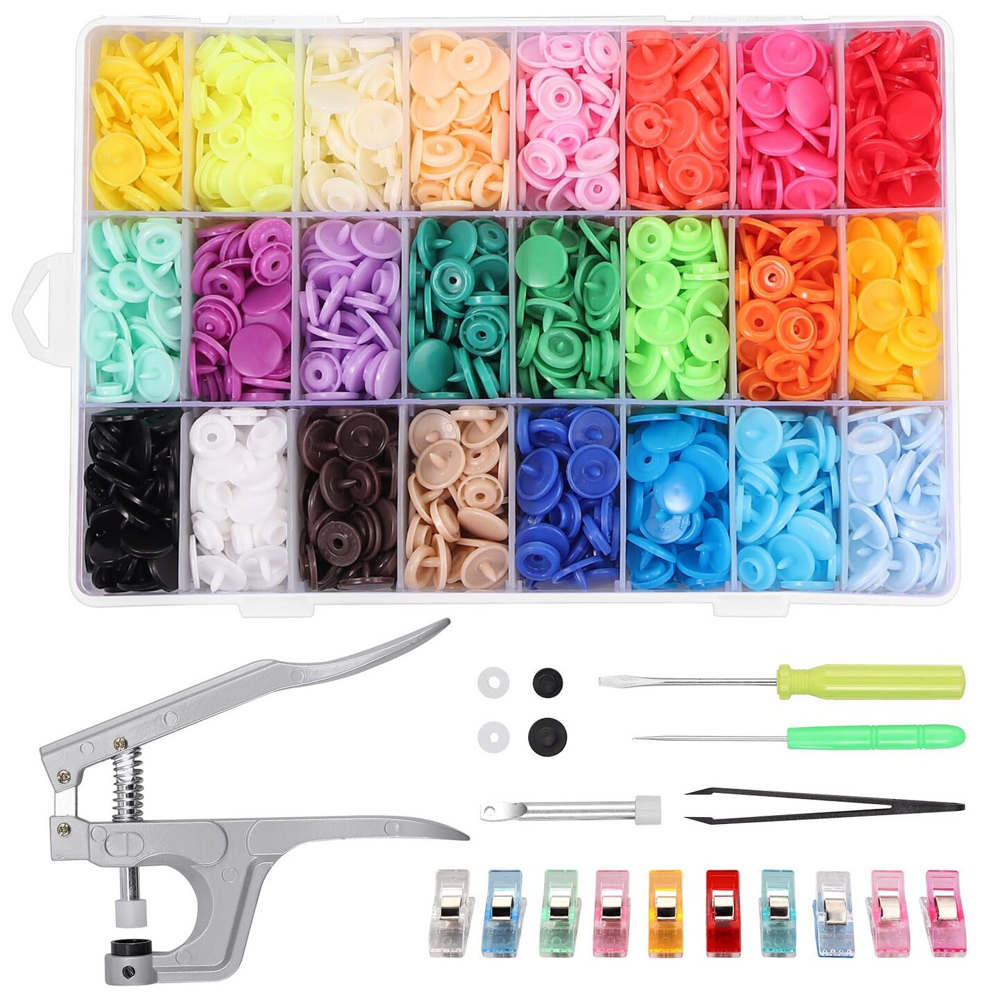 Snaps and Snap Pliers Set, 408 Sets T5 Plastic Snap Buttons 24 Colors, Snap Fasteners Snap Press Pliers Snaps Starter Kit Snap Setter Tool for Clothes Sewing Bibs Rain Coat DIY Crafting