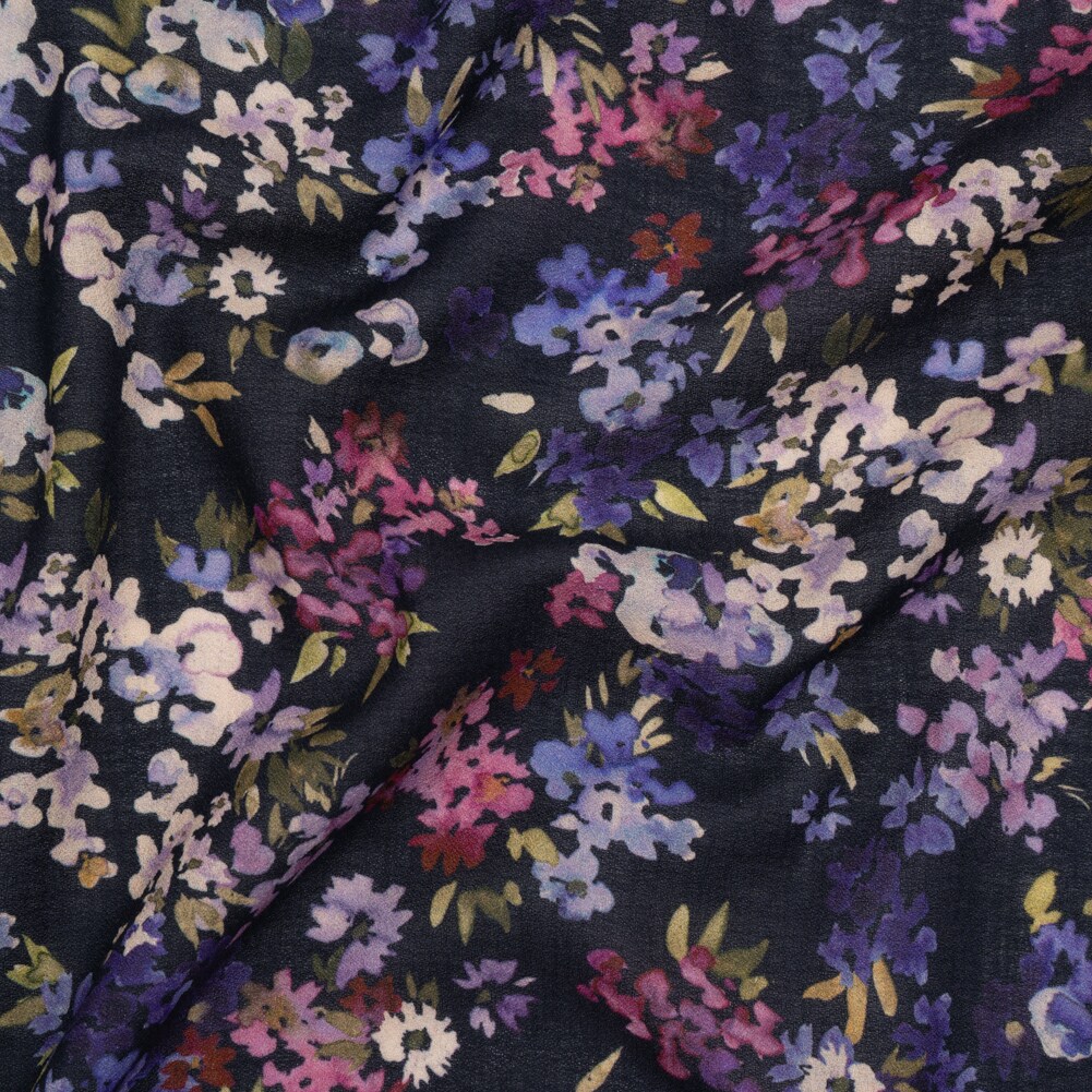 1 Yard Sonnet for Summer Cotton Crepe Fabric Navy Magenta Indigo Watercolor Flowers 53 inch Width