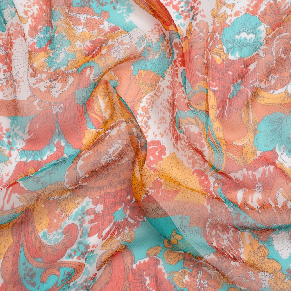 1 Yard Turquoise Peach and Orange Ornamental Gardens Crinkled Silk Chiffon Sheer Lightweight, 54 Inches Wide
