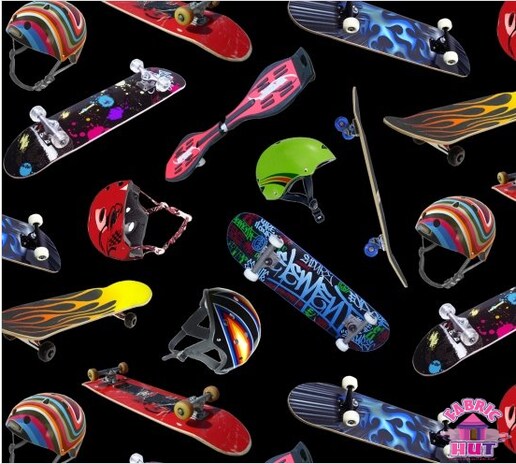Elizabeth's Studio Sports Collection Skateboarding Black Cotton Fabric by the Yard