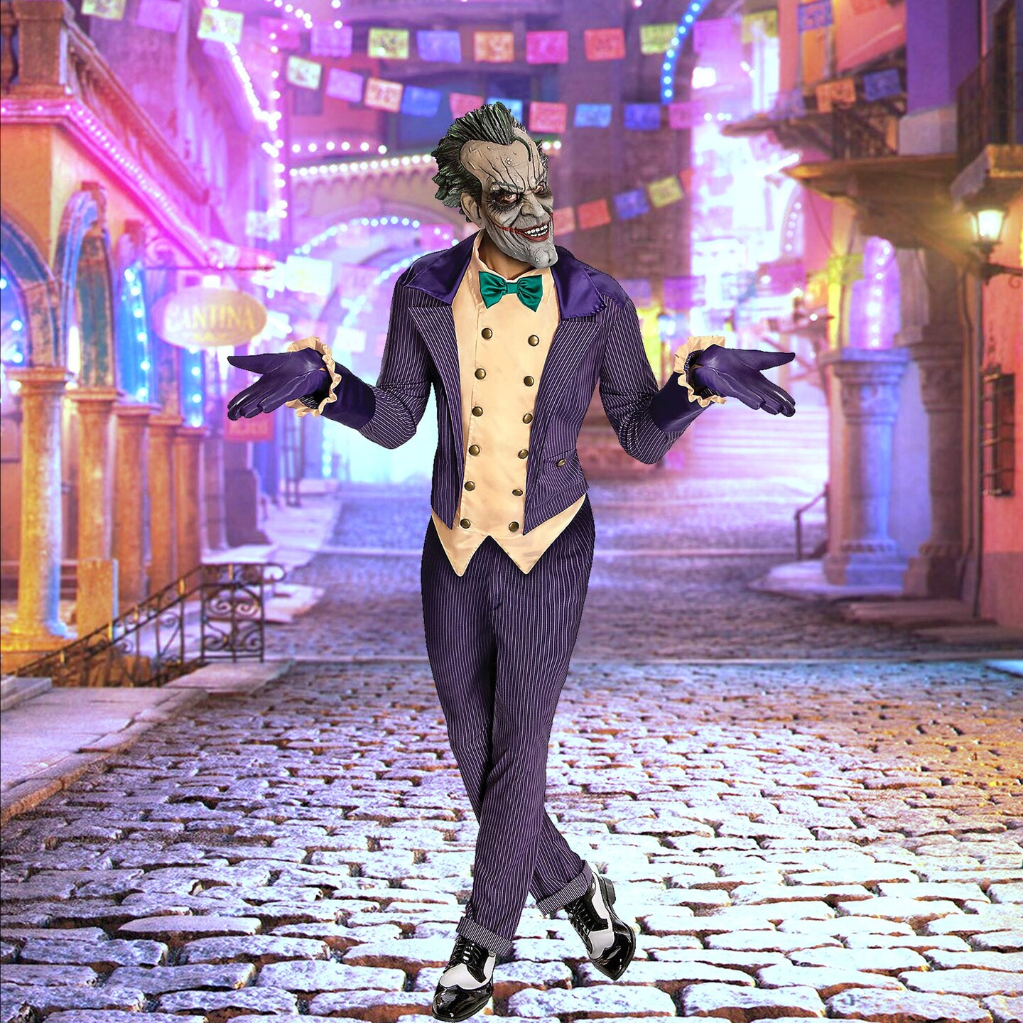 Men Arkham City Joker Costume with Mask Gloves and Jacket Set