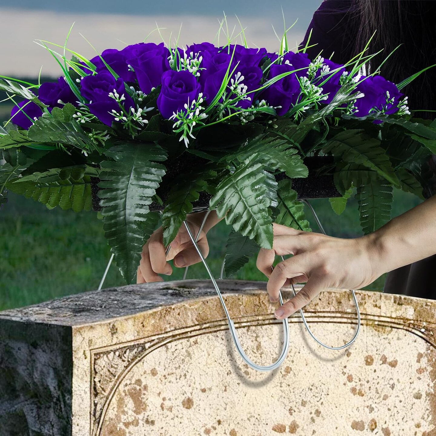 Artificial Cemetery Tombstone Flowers Saddle, Outdoor Grave Memorial Flowers Saddle for Headstone, Cemetery Decoration (Purple)