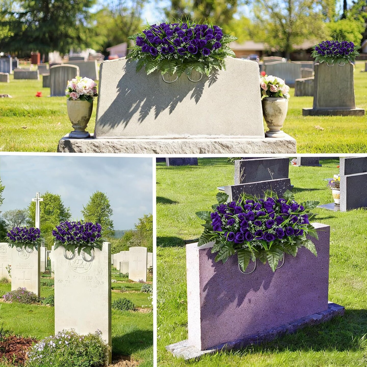 Artificial Cemetery Tombstone Flowers Saddle, Outdoor Grave Memorial Flowers Saddle for Headstone, Cemetery Decoration (Purple)
