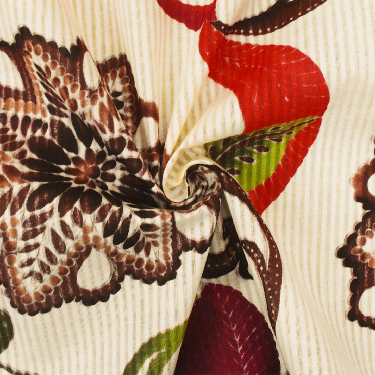 Beige-Brown-Multi Floral Printed Cotton Striped Leno Woven Fabric By the Yard