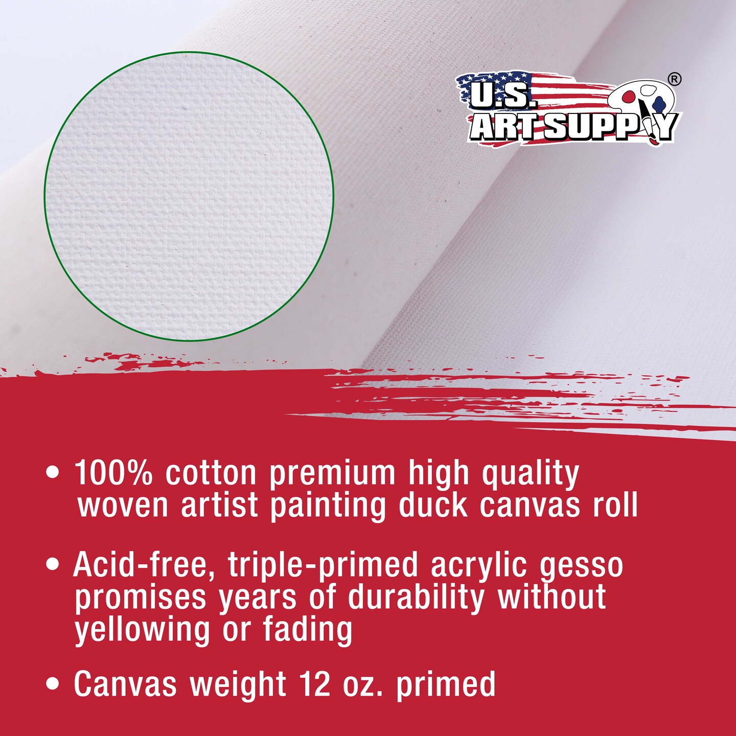 U.S. Art Supply 12-Ounce Triple Primed Gesso 63&#x22; Wide x 18&#x27; Long (6 Yards), 100% Cotton, Acid-Free - Unstretched Canvas Rolls for Painting, Oil &#x26; Acrylic, Murals - Cut To Frame Size