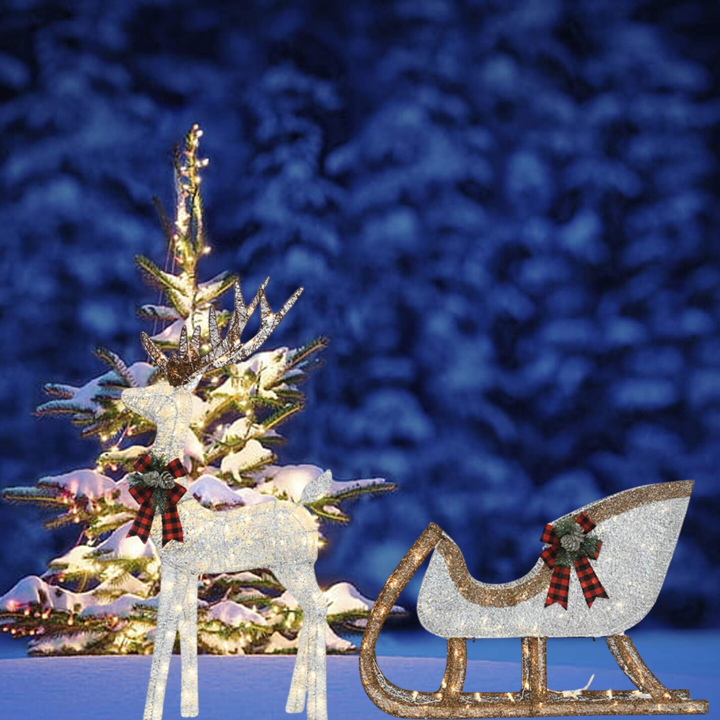 48" Silver Deer & 38" Sleigh Set Pre-Lit Holiday Yard Decoration