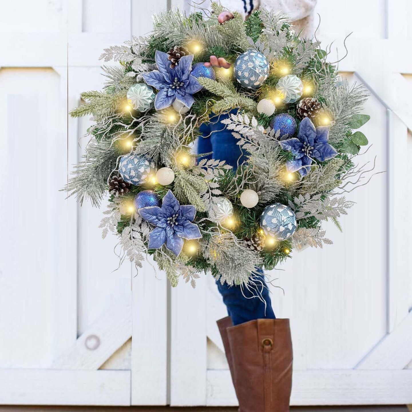Pre-Lit 24 Inch Christmas Wreath for Front Door Silver Blue Lighted Christmas Wreath (01-sliver Blue) 18.5 x 18.03 x 5.12