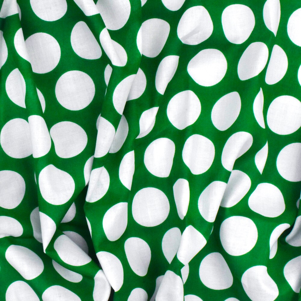 Kelly Green-Ivory Dot Printed Cotton Lawn Woven Fabric By the Yard