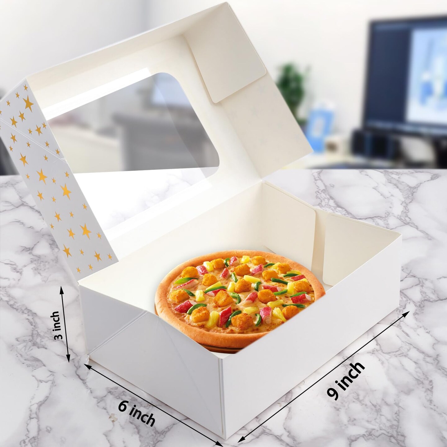 24 PCS Christmas Cookie Boxes for Gift Giving, 9x6x3 Golden Star Christmas Treat Boxes with Window, Auto-Up Holiday Cookie Boxes,Baking Goods Packaging Box for Desserts, Mini Cake, Donuts