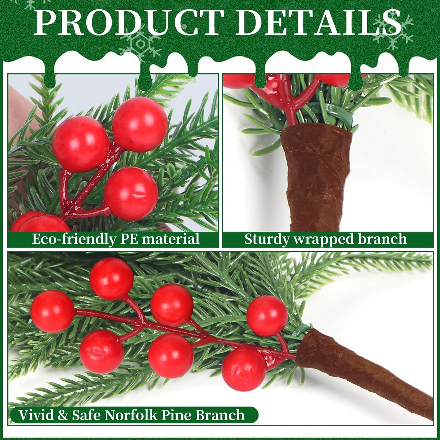 12Pcs Christmas Norfolk Pine Stems with Red Berries (Red Berries) 14"D x 6"W x 5"H