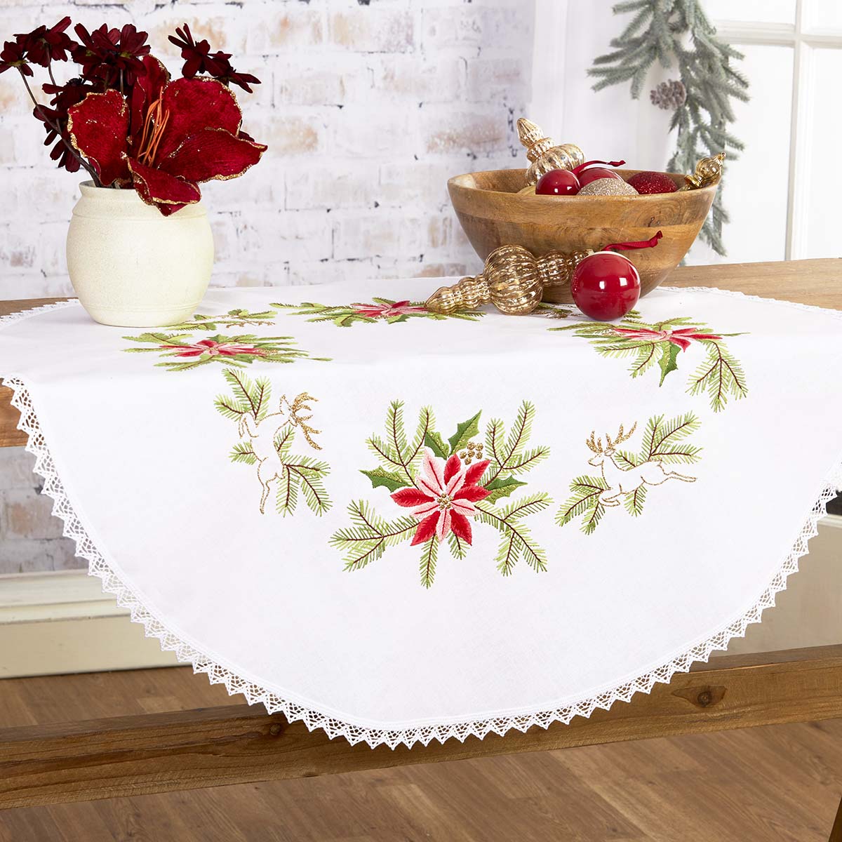 Herrschners Pink Poinsettia Round Table Topper Stamped Embroidery Kit ...