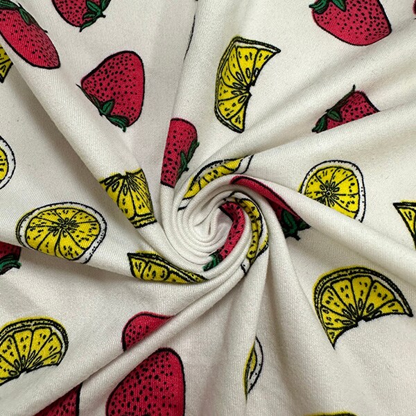 White Fruit Print Double Brushed Jersey Knit Fabric By the Yard