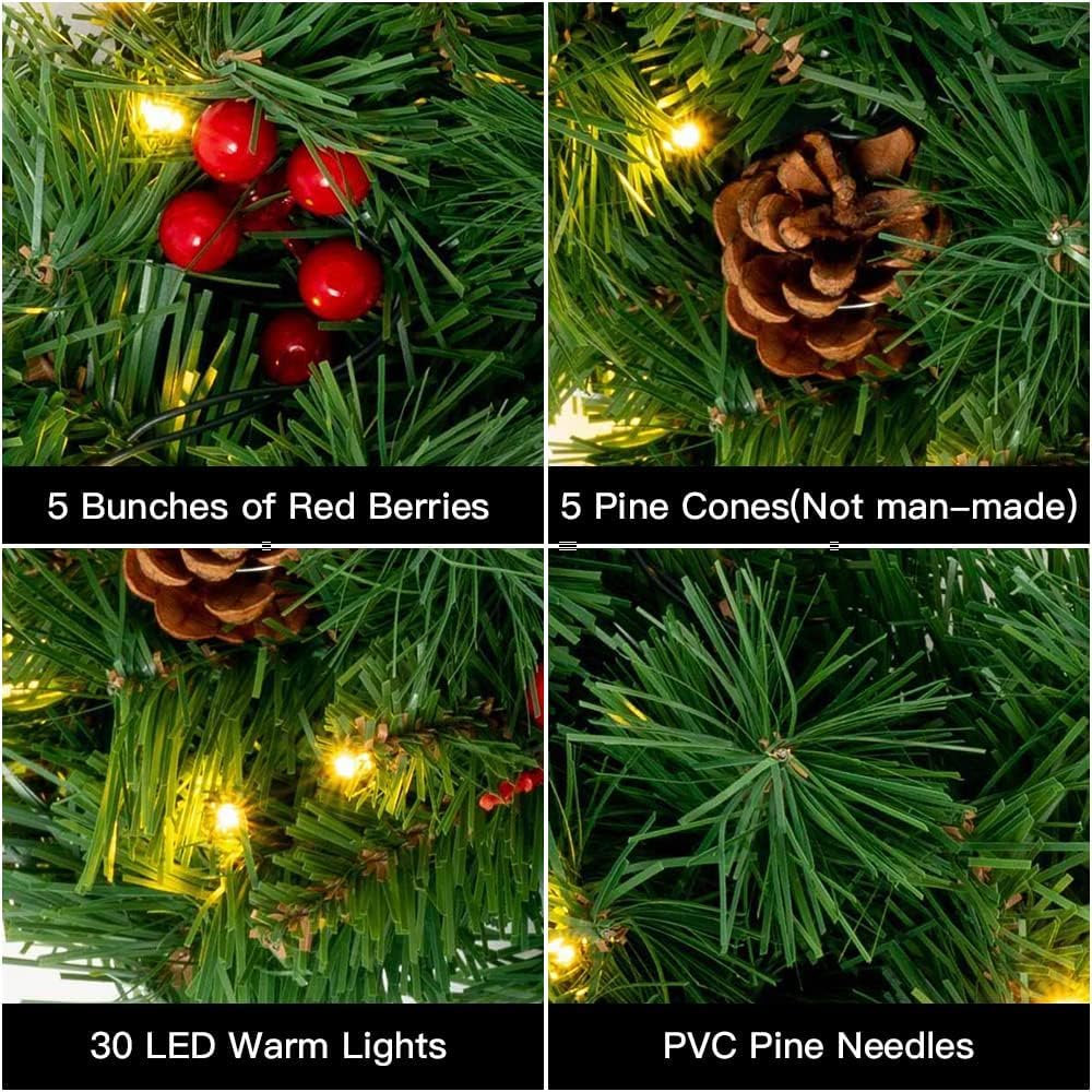 30 LED Lights Christmas Wreaths for Front Door (Dwpw-6034) 10&#x22;D x 24&#x22;W x 24&#x22;H