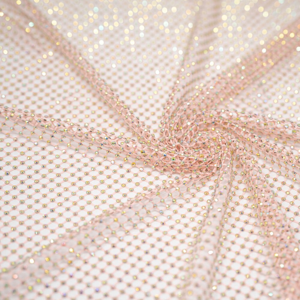 1 Yard Enigma Diamond Fishnet Fabric Rhinestone Embellished Stretch for Swimwear Couture 63 64 inch Width