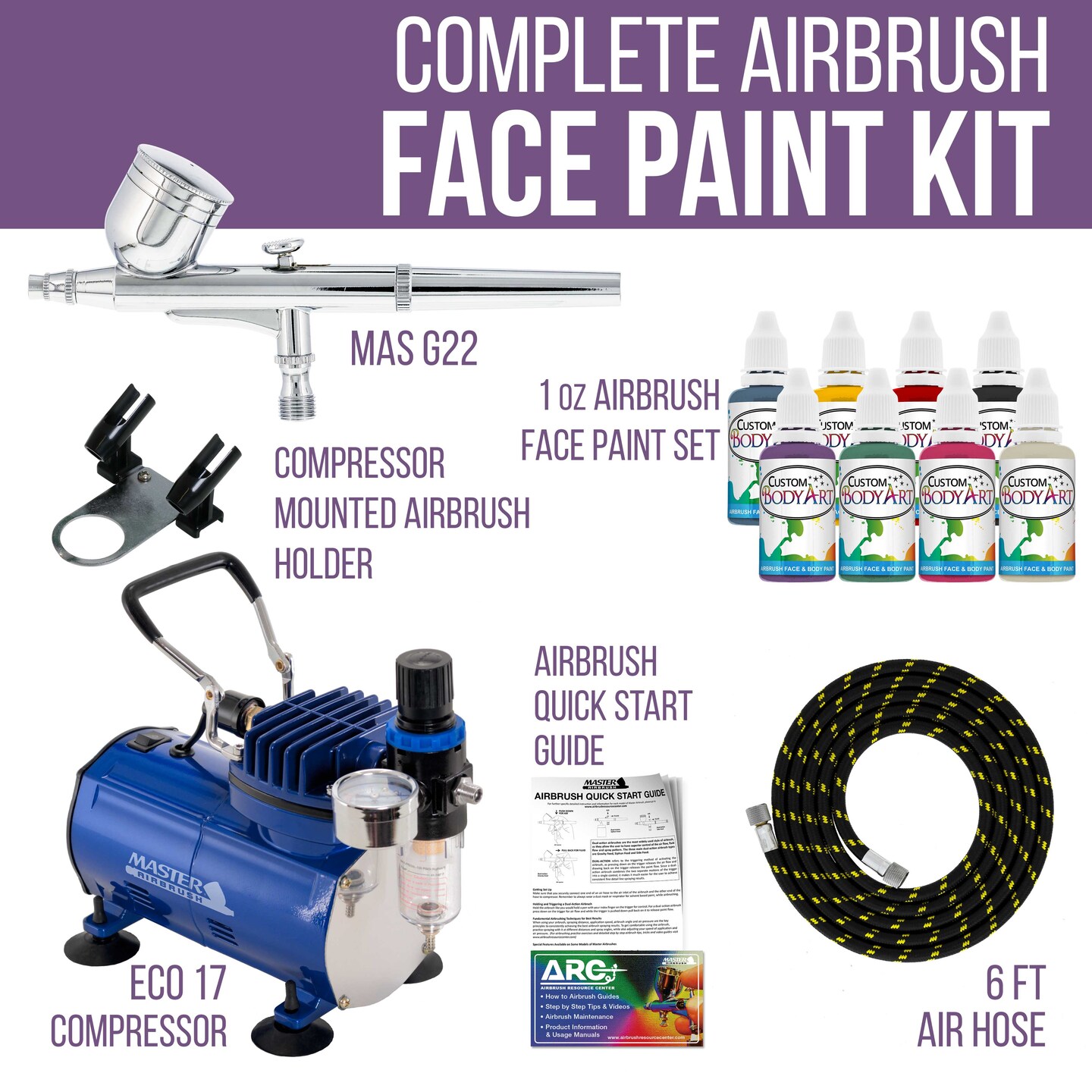 Face &#x26; Body Art Airbrush Kit with G22 Airbrush, Single-Piston Airbrush Air Compressor, Air Hose &#x26; 8 Custom Body Art Water Based Face Paint Colors