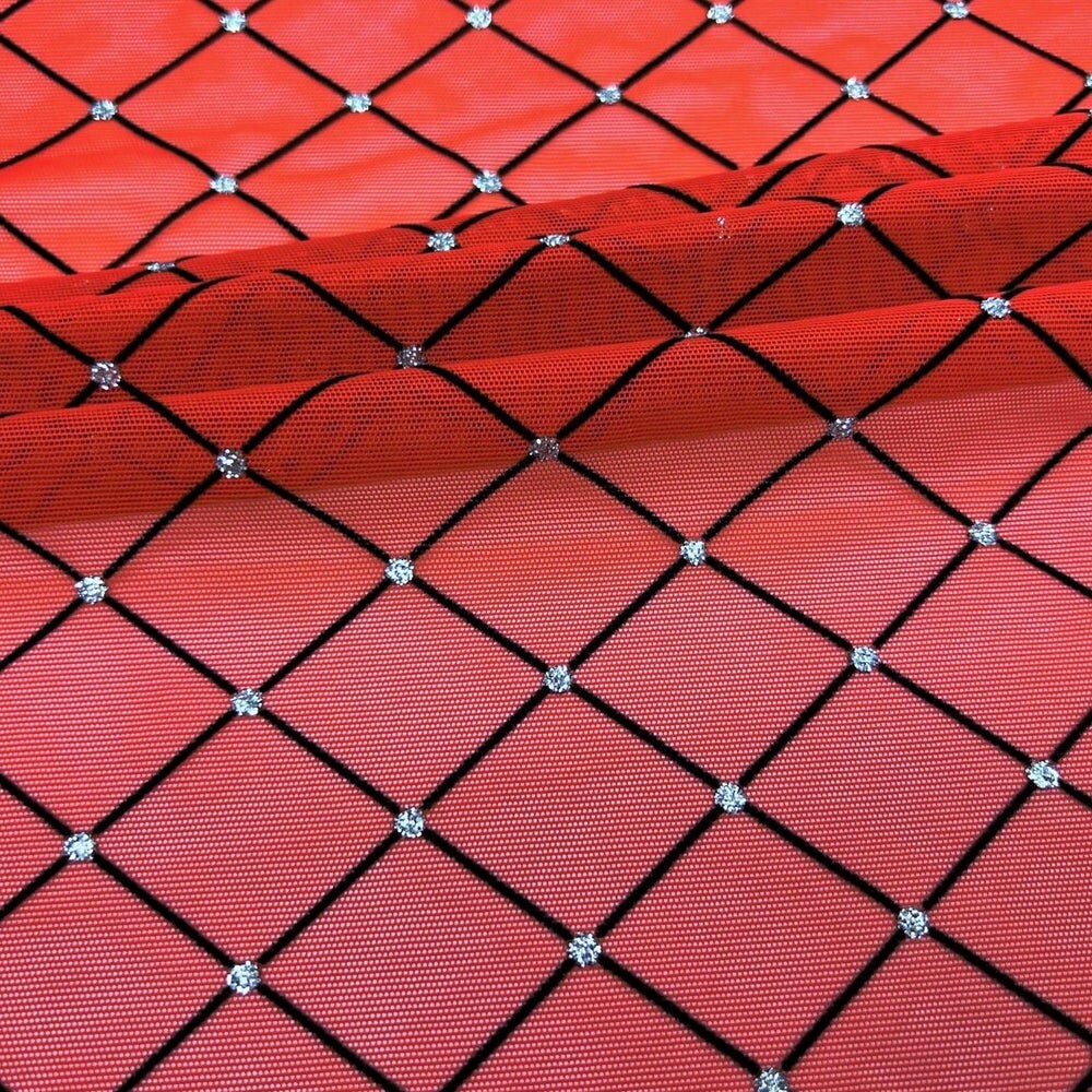 1 Yard Diamonds Flocked Stretch Mesh 4 Way Stretch Performance Costume Fabric 54 Inch Width