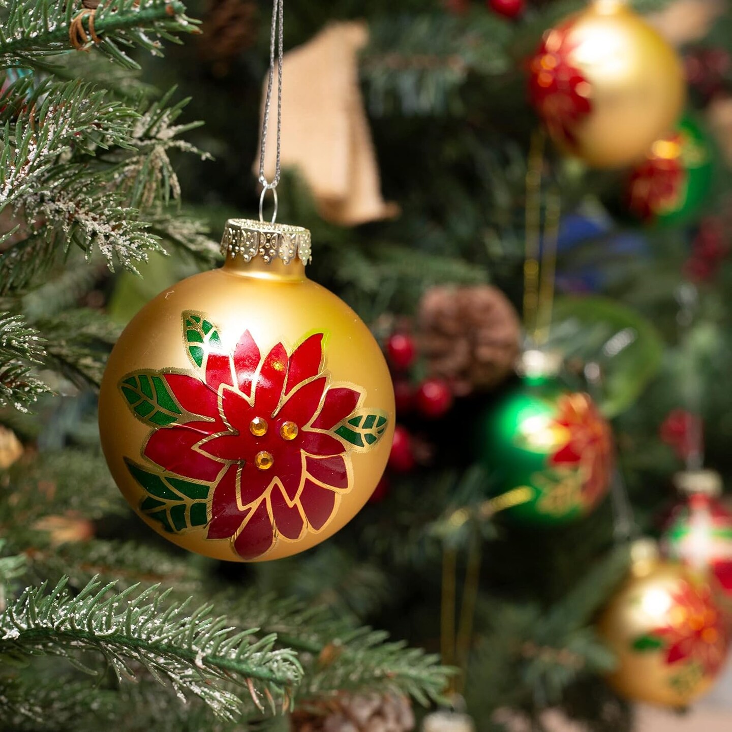 Christmas Colorful Glass Balls Decoration 9pc 2.65in (Red Gold Green Floral)