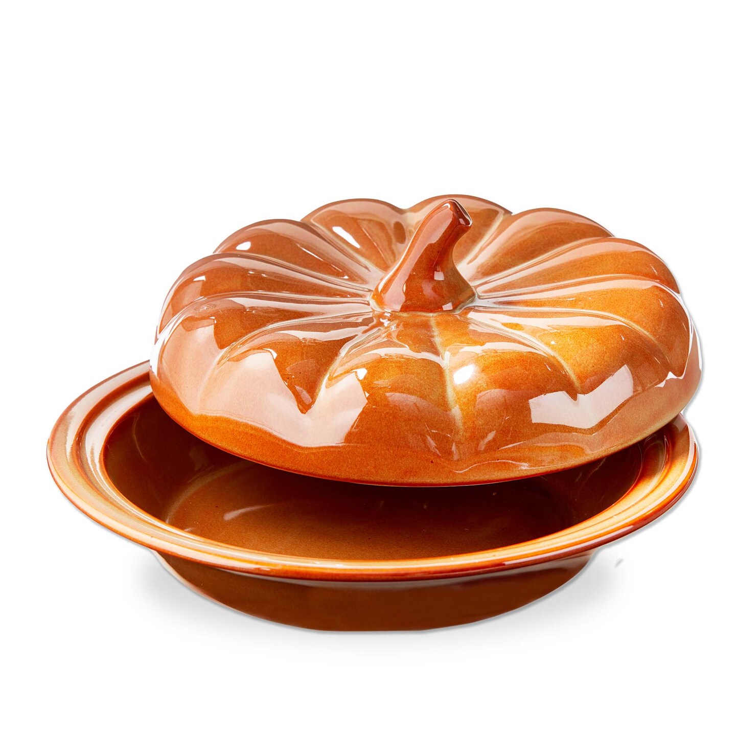 Pumpkin Pie Dish with Lid - 10.5" Ceramic Baking Dish for Thanksgiving - Dishwasher Safe - Burnt Sienna Color