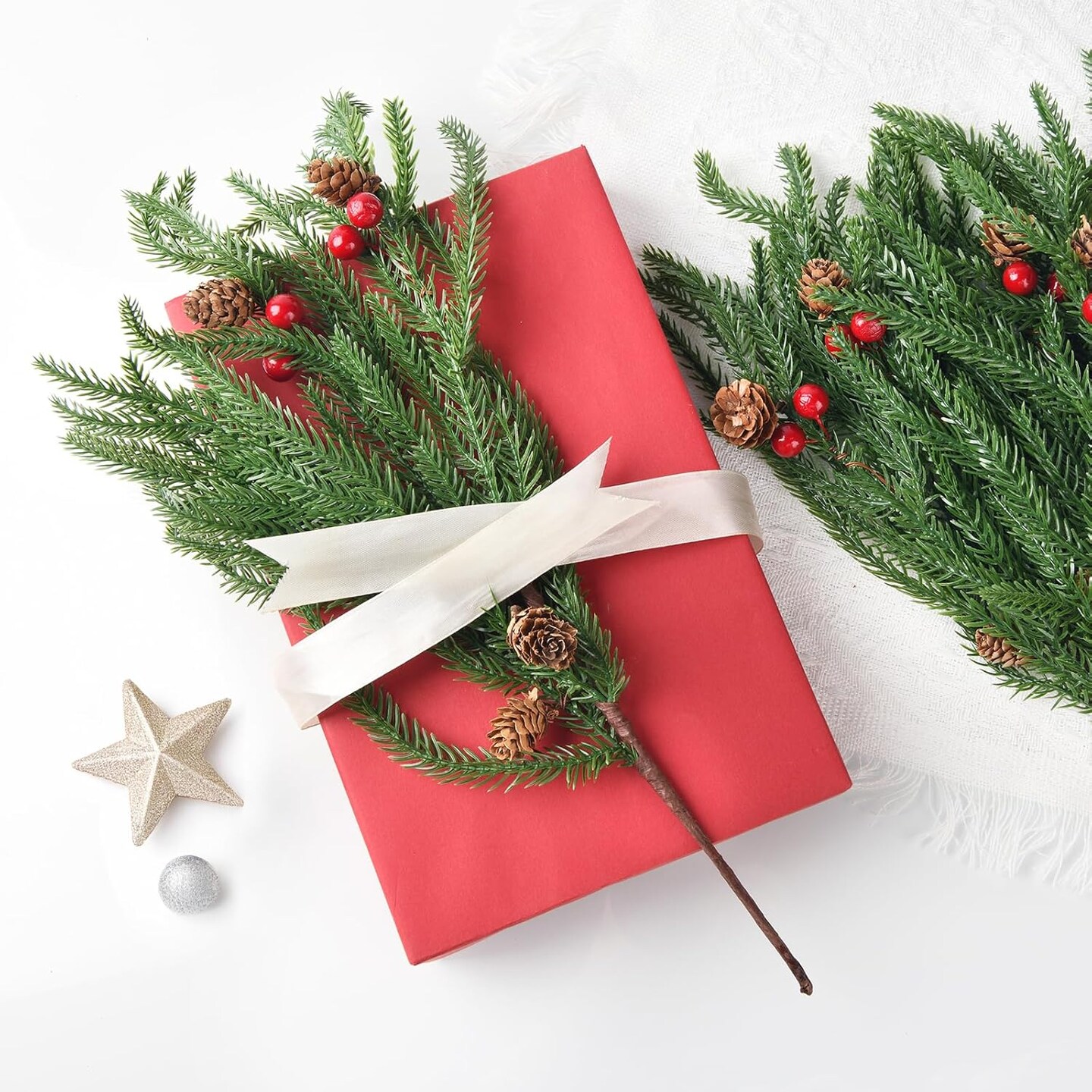 10 Pcs Artificial Christmas Norfolk Pine Stems (Pine Needles) 16.5"D x 2"W x 8"H