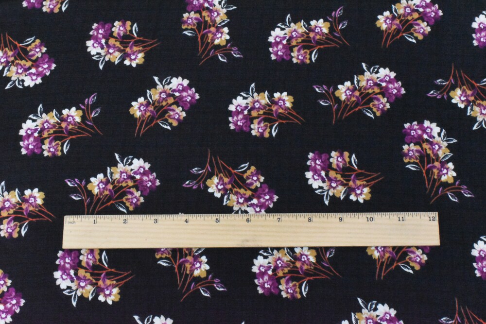 Black-Purple-Multi Floral Printed Poly Grid Slub Chiffon Woven Fabric By the Yard