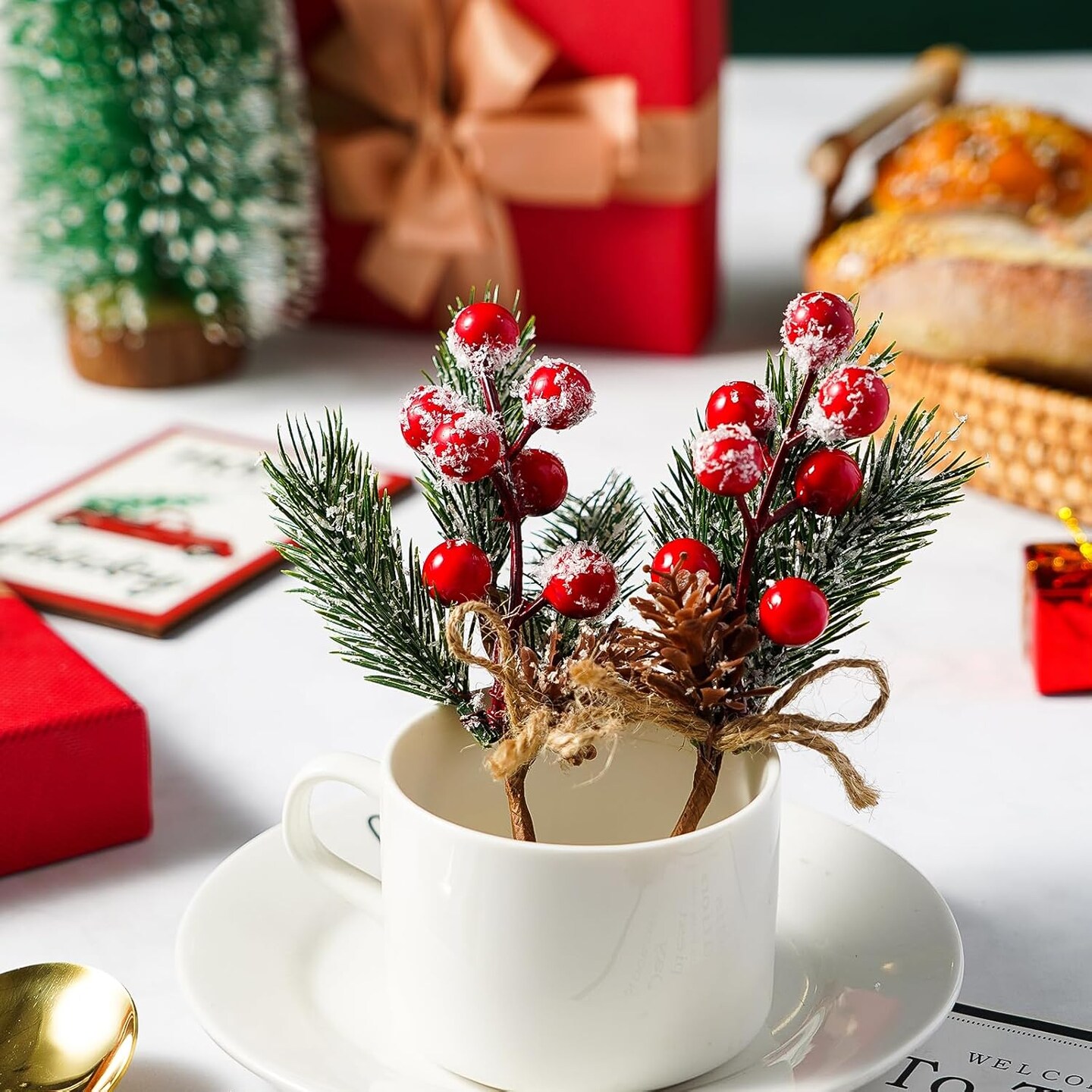 Christmas Berries Red Stems Evergreen Pine Branches (6pcs) 3&#x22;D x 3&#x22;W x 0.7&#x22;H