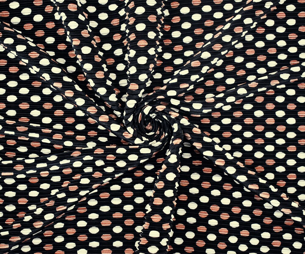 Black-Copper-White Dot Printed Stretch Pressed Pleated Satin Knit Fabric By the Yard