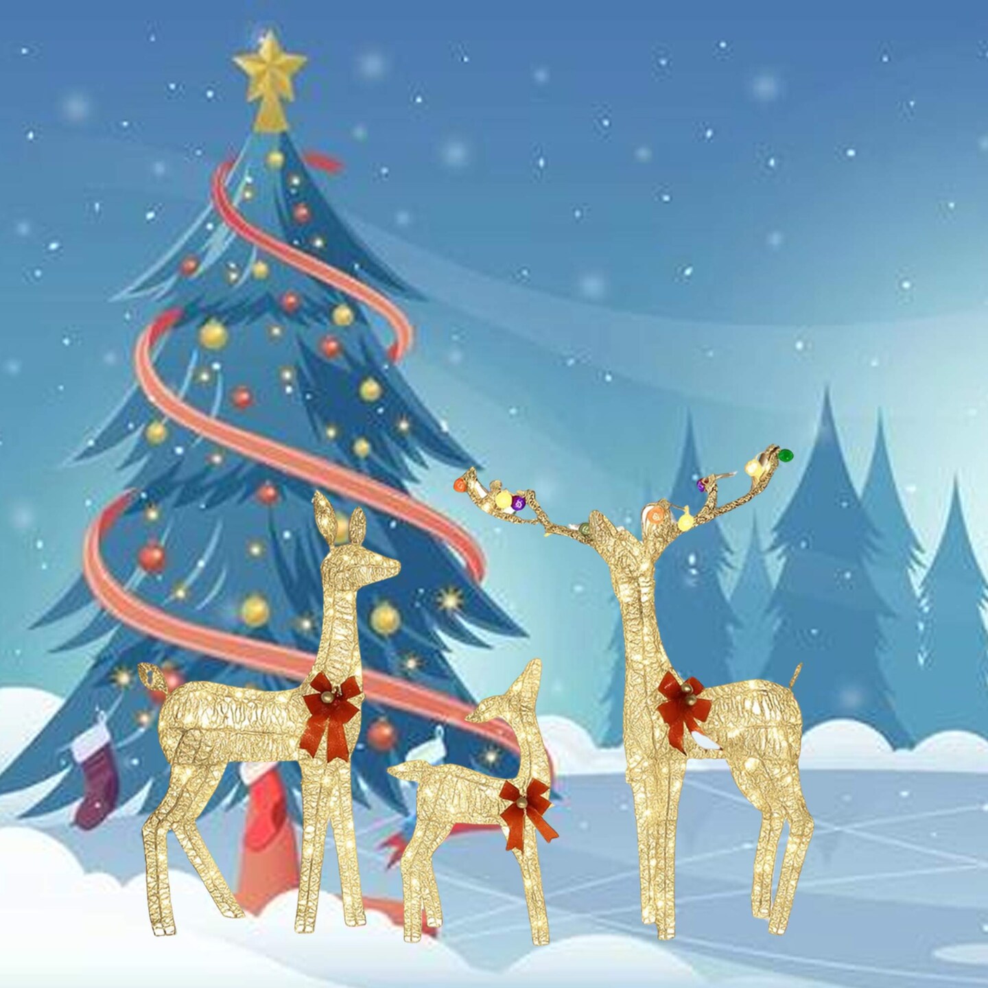 Glittering PVC Christmas Deer Set for Lawn and Garden Decorations 52"+46"+29"