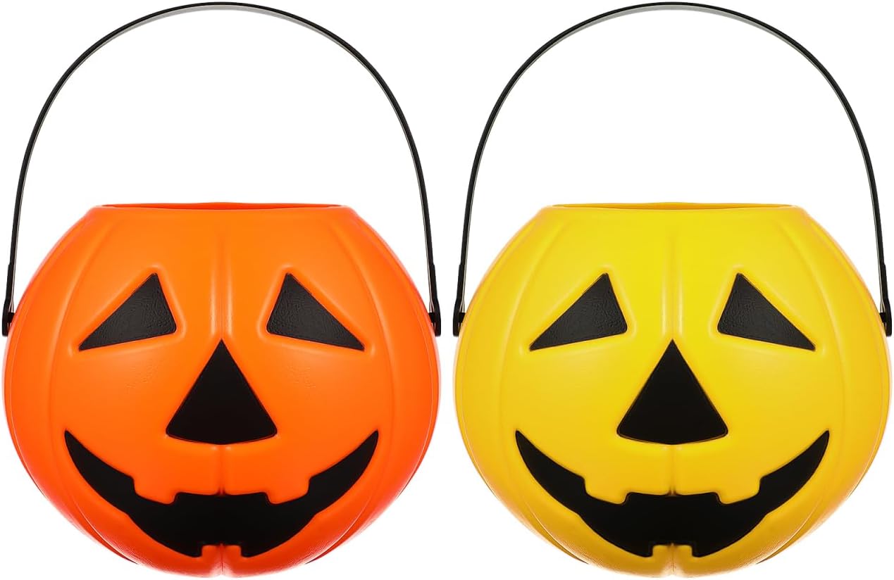2Pcs Plastic Bucket Halloween Pumpkin Bucket (Orange) 7"L x 7"W x 5.5"H