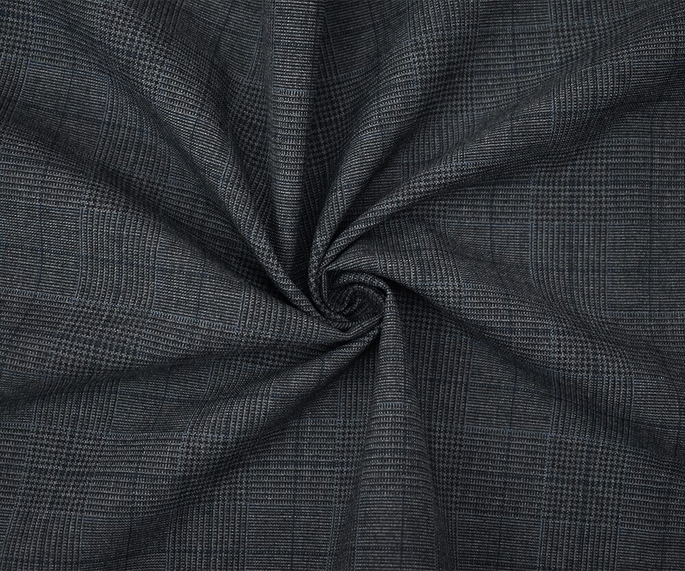 Gray-Blue-Black Polyester Wool Glen Plaid Check Shirting Woven Fabric By the Yard