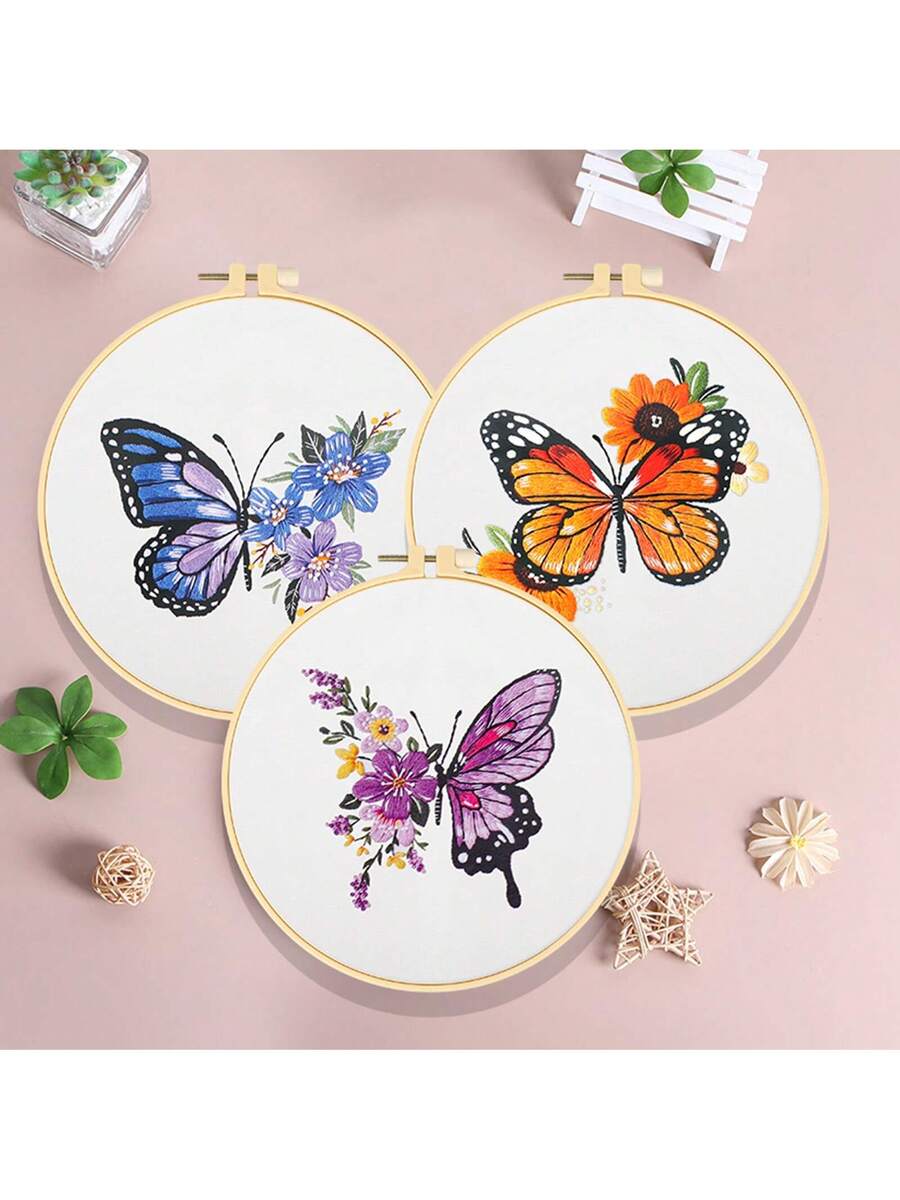 3 Sets Embroidery Stitch Practice Kit for Beginners, Include Cloth, Hoops And Threads, Stamped Cross Stitch For Craft Lover