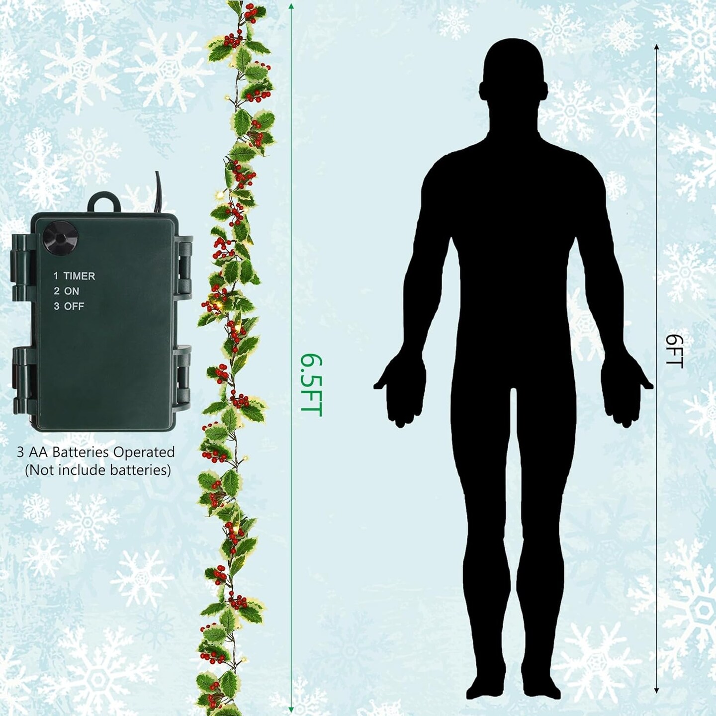 Christmas Garland, 6.5FT Pre-lit Red Berries &#x26; Holly Leaves