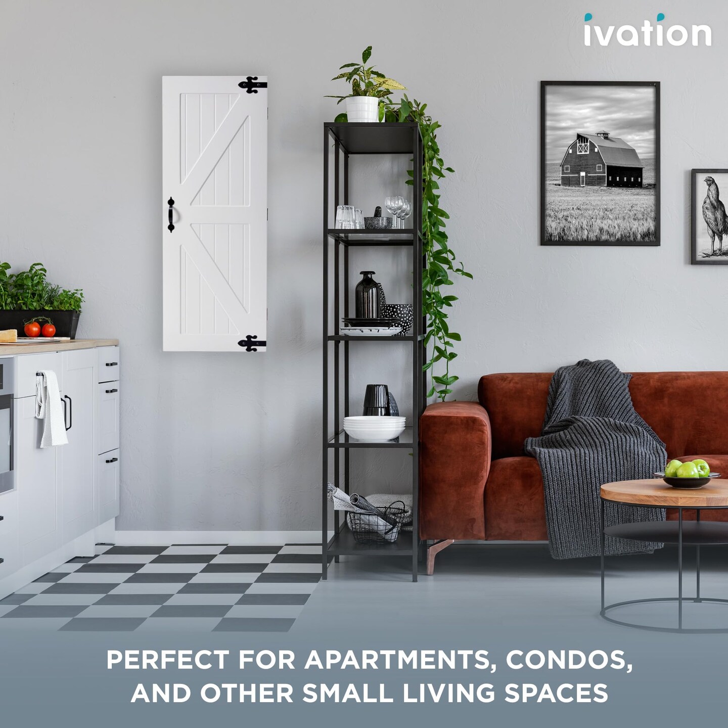 Ivation Foldable Ironing Board Cabinet Wall-Mount with Farmhouse Door