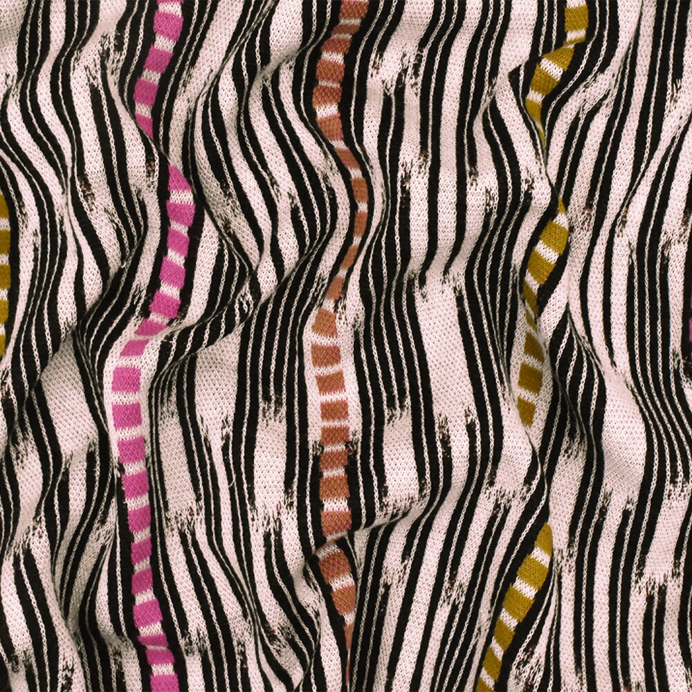 Pink Ivory-Black-Multi Abstract Ikat Stripe Stretch Double Knit Fabric By the Yard