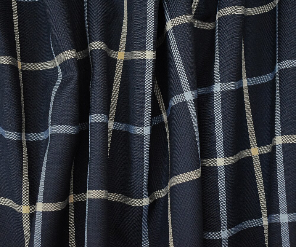 Navy-Light Blue-Beige Poly-Wool Blend Check Shirting Woven Fabric By the Yard