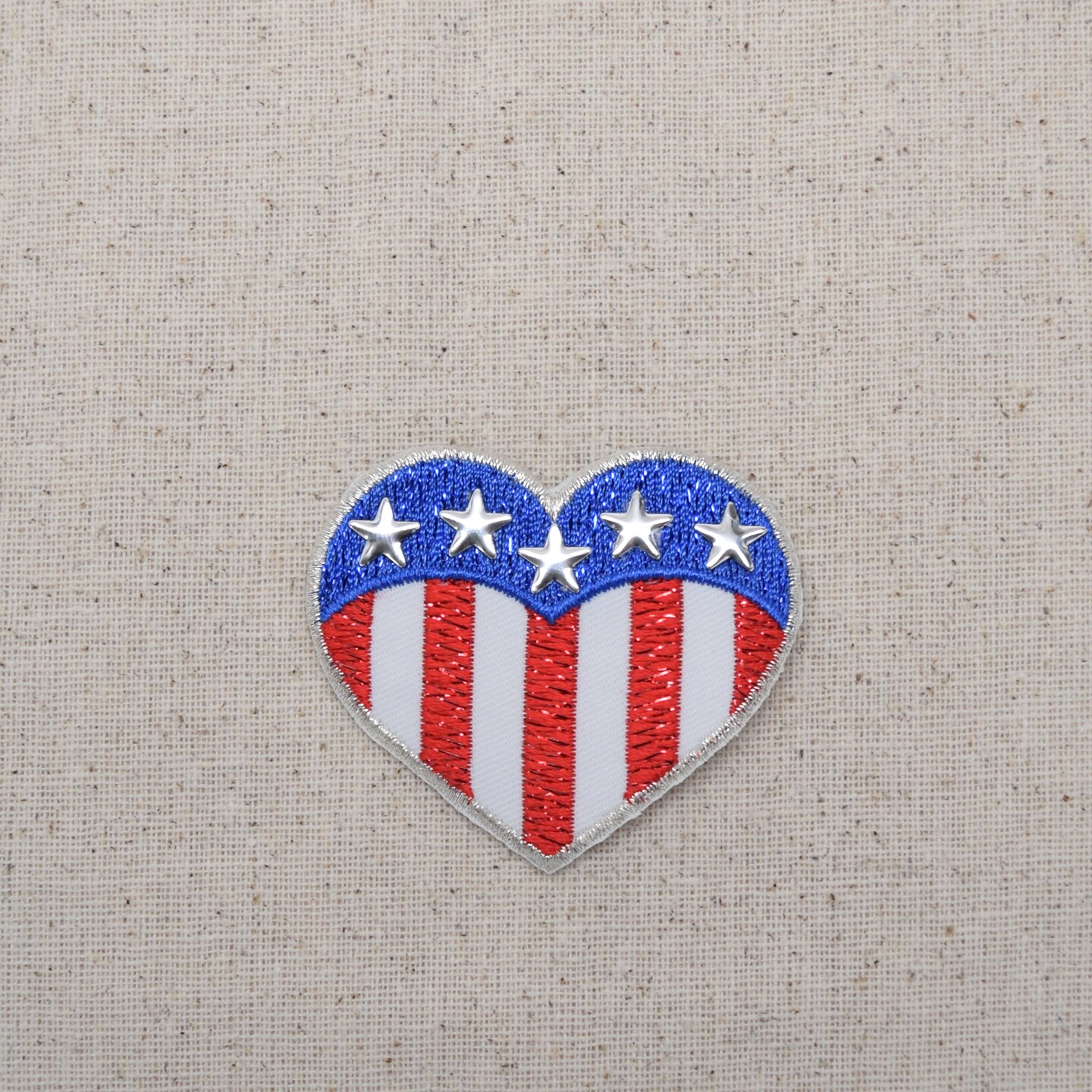 Patriotic Heart with Silver Stars, Embroidered, Iron on Patch