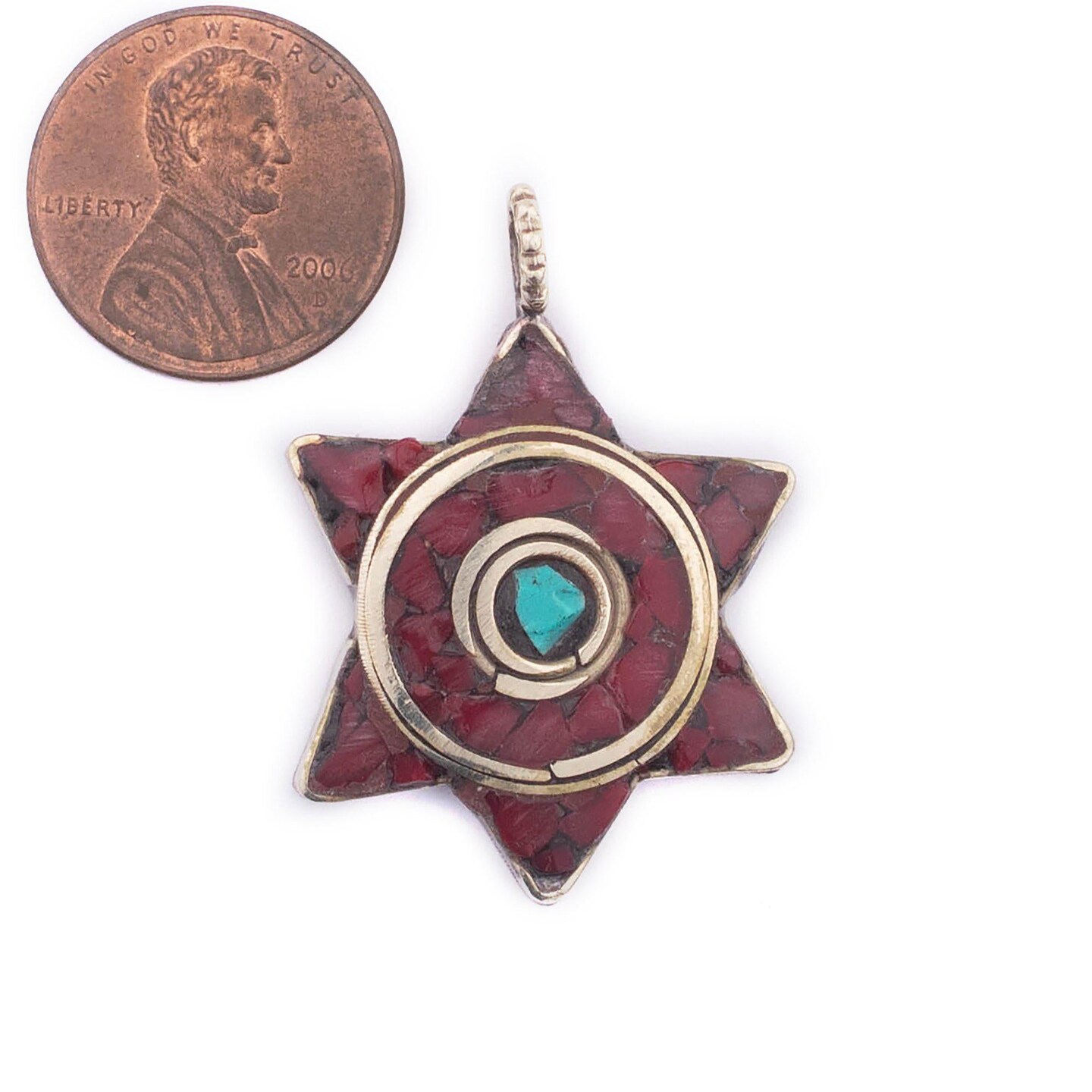 The Bead Chest Red & Blue Nepal Star of David Pendant Multicolor Brass Large Hole