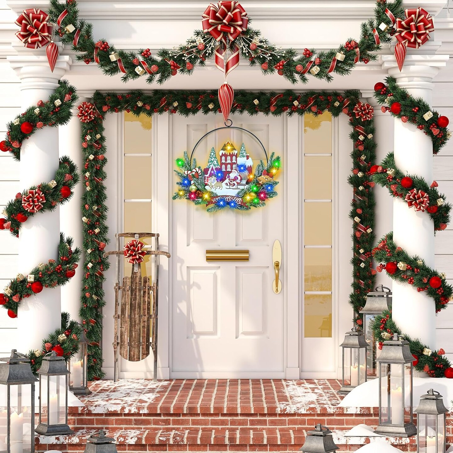 Light up Christmas Wreaths for Front Door (Santa Claus) 2"D x 13.39"W x 15.75"H